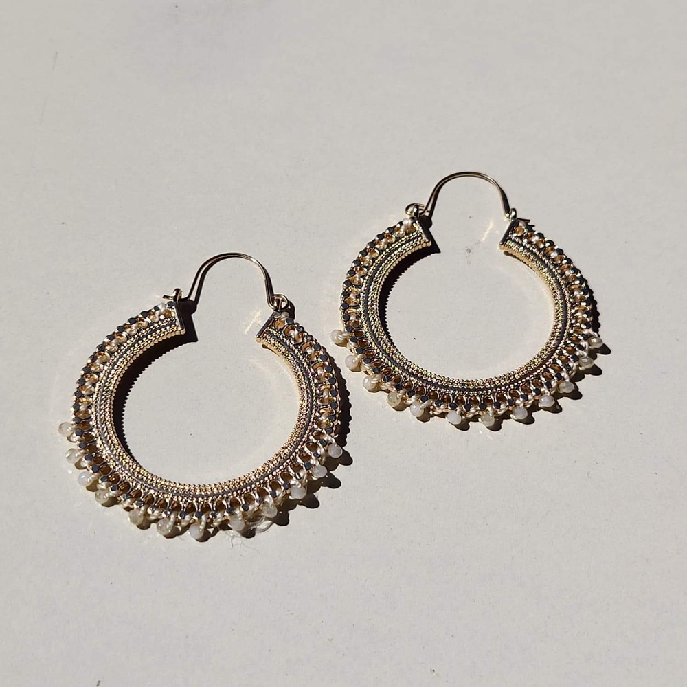 Gold Tone Metal Beaded Gold White Bohemian Latch Back Fringe Hoop Earrings